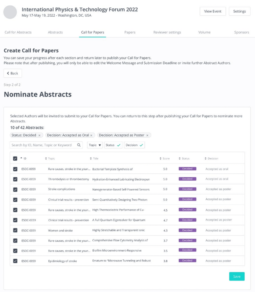 Nominate abstracts for Event Proceedings